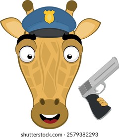 vector illustration emoji head character giraffe cartoon, with a police hat and gun
