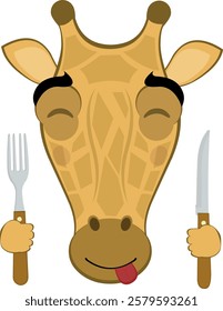 vector illustration emoji head character giraffe cartoon, an expression of yummy how delicious with a knife and fork in his hands