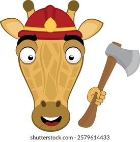 vector illustration emoji head character giraffe cartoon, with a fireman helmet and axe in hand