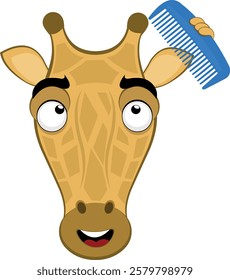 vector illustration emoji head character giraffe cartoon, combing her hair with a blue comb