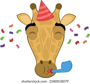 vector illustration emoji head character giraffe cartoon, with a party hat, serpentine and falling confetti paper