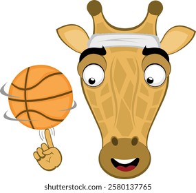 vector illustration emoji head character giraffe cartoon, with a basketball sport spinning on the finger of the hand