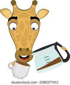 vector illustration emoji head character giraffe cartoon, with a coffeemaker or coffee jug pouring into a cup