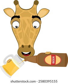 vector illustration emoji head character giraffe cartoon, with a bottle of beer pouring into a glass