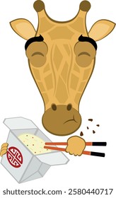 vector illustration emoji head character giraffe cartoon, eating chinese food in a cardboard box of rice with chopsticks