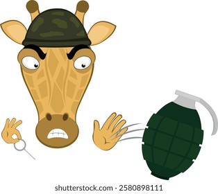 vector illustration emoji head character giraffe cartoon, throwing a grenade with a soldier and war helmet