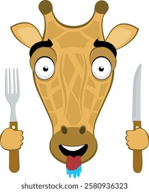 vector illustration emoji head character giraffe cartoon, with a hungry expression, tongue sticking out with drool saliva, a knife and fork in his hands