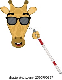 vector illustration emoji head character giraffe cartoon, blind man with a cane in his hand and sunglasses