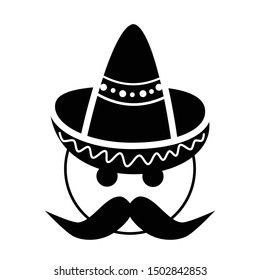Vector illustration of an emoji with Mexican outfit, including a sombrero (hat) and a thick mustache, in black and white.