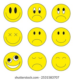 Vector illustration. Emoji smile icon set on white background. Emoticons faces collection in flat cartoon style for web and social media