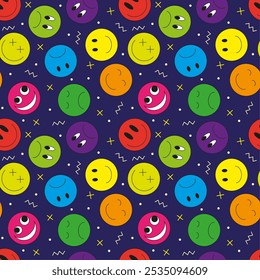 Vector illustration. Emoji smile icon seamless pattern on bright background. Emoticons faces collection in flat cartoon style for web and social media