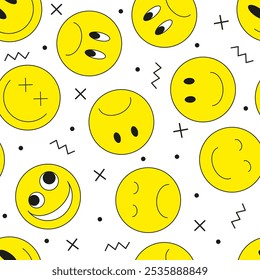 Vector illustration. Emoji smile icon seamless pattern on white background. Emoticons faces collection in flat cartoon style for web and social media