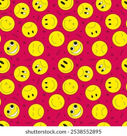 Vector illustration. Emoji smile icon seamless pattern on bright background. Emoticons faces collection in flat cartoon style for web and social media