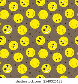 Vector illustration. Emoji smile icon seamless pattern on bright background. Emoticons faces collection in flat cartoon style for web and social media