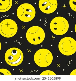 Vector illustration. Emoji smile icon seamless pattern on black background. Emoticons faces collection in flat cartoon style for web and social media