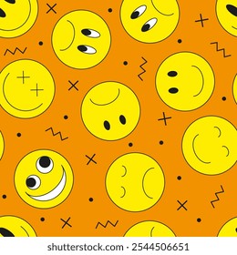 Vector illustration. Emoji smile icon seamless pattern on bright background. Emoticons faces collection in flat cartoon style for web and social media