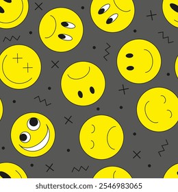 Vector illustration. Emoji smile icon seamless pattern on grey background. Emoticons faces collection in flat cartoon style for web and social media