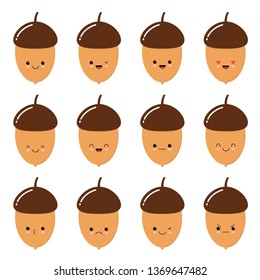 Vector illustration of emoji smiley icon on theme of autumn holiday. Autumn. Oak acorn