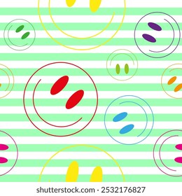 Vector illustration. Emoji smiling faces on striped background. Emoticons in flat cartoon style for web and social media. Seamless pattern