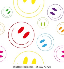 Ilustración vectorial. Caras sonrientes del emoji en el fondo blanco. Emoticonos en estilo plano de dibujos animados para Web y redes sociales. Patrón sin fisuras