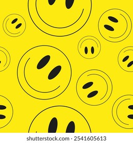 Ilustración vectorial. Caras sonrientes del emoji en el fondo amarillo. Emoticonos en estilo plano de dibujos animados para Web y redes sociales. Patrón sin fisuras