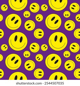 Ilustración vectorial. Caras sonrientes del emoji en el fondo brillante. Emoticonos en estilo plano de dibujos animados para Web y redes sociales. Patrón sin fisuras