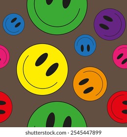 Ilustración vectorial. Caras sonrientes del emoji en el fondo brillante. Emoticonos en estilo plano de dibujos animados para Web y redes sociales. Patrón sin fisuras