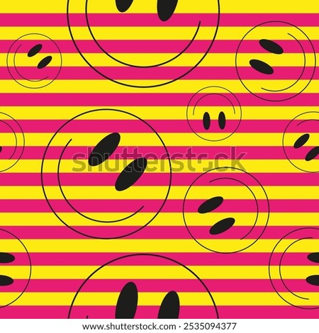 Vector illustration. Emoji smiling faces on striped background. Emoticons in flat cartoon style for web and social media. Seamless pattern