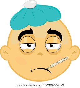 Vector illustration emoji with a thermometer in his mouth, pale and a bag of water on his head