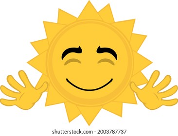 Vector illustration of emoticon of cartoon character of the sun waving with his hands