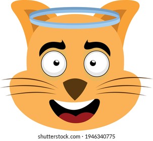 Vector illustration of an emoticon of a cat's face with a happy expression and a halo on the head