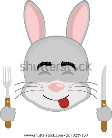 vector illustration emoticon character face rabbit rodent animal, an expression of yummy how delicious with a knife and fork in his hands