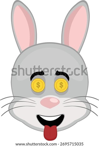 vector illustration emoticon character face rabbit rodent animal, with an ambitious expression, coins in his eyes and his tongue sticking out