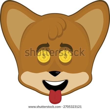 vector illustration emoticon character face fox animal,  with an ambitious expression, coins in his eyes and his tongue sticking out