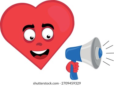 ilustração de vetor emoticon personagem coração desenho animado, falando com um megafone em sua mão