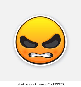 Vector illustration. Emoticon for expressing emotion of angry and wicked, with clenched teeth. Evil emoji character. Icon for expression of feelings. Sticker with contour. Isolated on white background