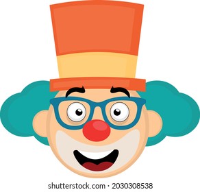 Vector illustration of emoticon of the face of a cartoon clown with hat and blue glasses