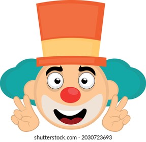 Vector illustration of emoticon of the face of a cartoon clown with a hat making with his hands the symbol of love and peace or victory