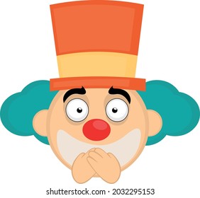 Vector illustration of emoticon of the face of a cartoon clown covering his mouth with his hands