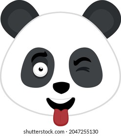 Vector illustration of an emoticon of the face of a cartoon panda bear with a funny expression, with his tongue out and winking