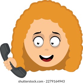 vector illustration emoticon face of a cartoon red head girl, talking on the phone