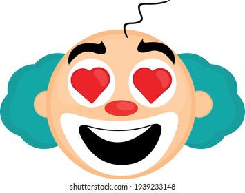 Vector illustration emoticon face of a clown with a happy and loving expression, with heart-shaped eyes