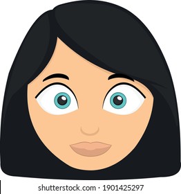 Vector illustration of emoticon of the face of a woman with black hair and blue eyes