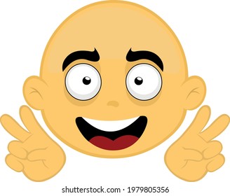 Vector illustration of emoticon of the face of a yellow bald person, making a gesture with his hands of the symbol of peace and love