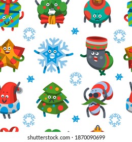 Vector illustration emoticon icon pattern for winter holiday. Emoji emoticons Happy New Year pattern. Emotion merry Christmas funny gift, star, toy, tree, snowflake. Xmas sticker icon. Flat cartoon