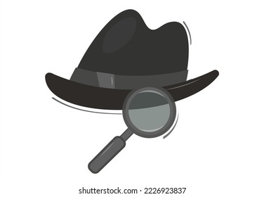 Ilustración vectorial del emoticono de sombrero detective privado y lupa. Delicada para un caballero o un detective y una lente. Accesorios retro. Vector aislado de forma plana. Vintage.