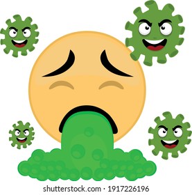 Vector illustration of emoticon vomiting, surrounded by covid-19 cartoon characters