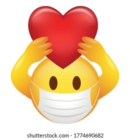 Vector Illustration Of Emoticon Wearing Medical Mask Holding Heart Symbol