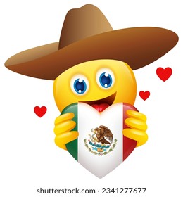 Vector illustration of emoticon wearing sombrero hat holding heart symbol of Mexico insignia, fun way for celebrating Mexican culture, national pride, and embracing the spirit of unity