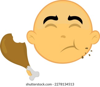 vector illustration emoticon of yellow cartoon character face eating a chicken leg